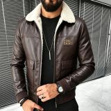 Men Fleece Lined Winter Turndown Collar Pu-Leather Jacket