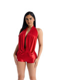Women’s Summer Solid Color Halter Neck Low Back Tie Front Romper