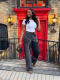 Women Color Block Patchwork Raw Edge Wide Leg Denim Pant