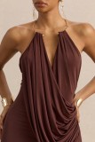 Women Sleeveless Cowl Neck Pleated Sexy Backless Halter Neck Bodycon Maxi Dress
