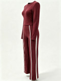Women Autumn/Winter Solid Long-sleeve Top + Patchwork Wide-leg Pants Two-piece Set