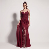 Women’s Formal Party Beaded Satin Strap Chiffon Patchwork Maxi Dress with Mesh Ribbon Details
