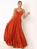 Women Summer Pleated Strap Backless Solid Dress