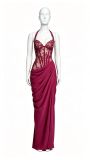 Women Lace Patchwork Halter Neck Pleated Boned Slit Maxi Dress