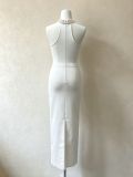 Women Summer French Halter Neck Sleeveless Rhinestone Patchwork Maxi Dress