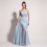 Women’s Formal Party Beaded Satin Strap Chiffon Patchwork Maxi Dress with Mesh Ribbon Details