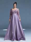 Plus Size Women Formal Party Square Neck Long Sleeve Mesh Patchwork Wedding Evening Dress