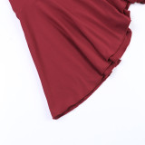Women Burgundy Long Sleeve High Neck Irregular Ruffle Hem Dress