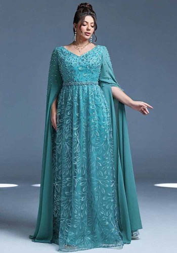 Plus Size Women V-Neck Cape Sleeve Beaded Mesh Formal Party Evening Dress