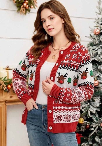 Women Casual Knitting Autumn Winter Red Elk Christmas Sweater