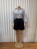 Women’s Plus Size Turn Down Collar Striped Shirt and Tailored Shorts Set