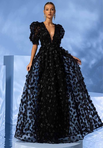 Women’s Deep V Neck Black Puff Short Sleeves and Floral Mesh  Formal Party Dress