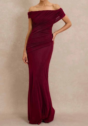 Women Summer Off Shoulder Short Sleeve Elegant Maxi Dress