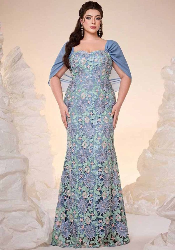 Women Formal Party Off Shoulder Flutter Sleeve Floral Mesh Embroidered Mermaid Banquet Evening Dress