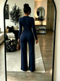 Women Autumn/Winter Solid Long-sleeve Top + Patchwork Wide-leg Pants Two-piece Set