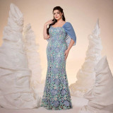 Women Formal Party Off Shoulder Flutter Sleeve Floral Mesh Embroidered Mermaid Banquet Evening Dress