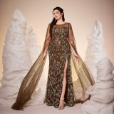 Plus Size Women Mesh Cape Beaded Slit Formal Party Evening Dress