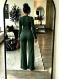 Women Autumn/Winter Solid Long-sleeve Top + Patchwork Wide-leg Pants Two-piece Set