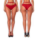 Women Sexy Red Fishnet Heart Print Beaded Cutout Lingerie Fishnet Stockings