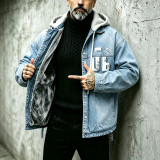 Men American Style Hooded Letter Print Denim Jacket