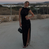 Women Lace Cutout Slit Dress Slash Shoulder Dress