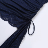 Women Sexy Off Shoulder Lace Trim Drawstring Bodycon Dress