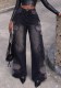 Women Black Grey Patch Raw Edge Wide Leg Denim Pant