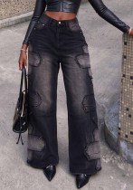 Women Black Grey Patch Raw Edge Wide Leg Denim Pant Women Black Grey Patch Raw Edge Wide Leg Denim Pant