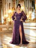 Women Square Neck Long Sleeve Lace Slit Formal Party Annual Banquet Evening Dress