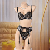 Women Lace Leopard Patchwork Bra Cutout Lingerie Set