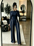 Women Autumn/Winter Solid Long-sleeve Top + Patchwork Wide-leg Pants Two-piece Set