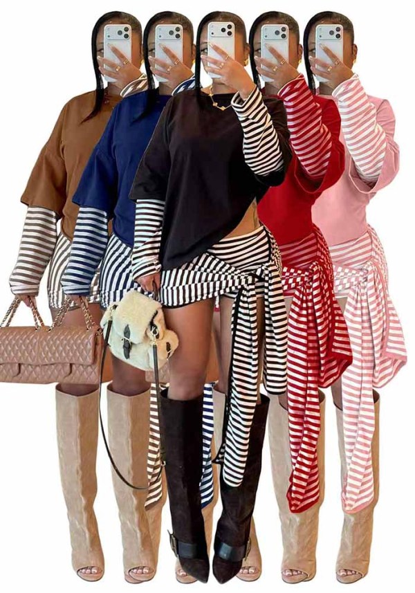 Women’s Two Piece Striped Lace Up Shorts Set with Faux Two Piece Long Sleeve Patchwork Top