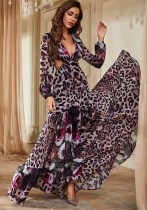 Women’s Spring Summer Leopard Print Chiffon Deep V Neck Holiday Beach Maxi Dress