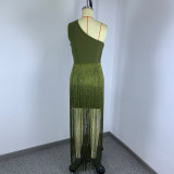 Women Sexy Bandage Tassel Off Shoulder Strap Formal Party Dress