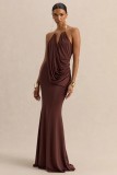 Women Sleeveless Cowl Neck Pleated Sexy Backless Halter Neck Bodycon Maxi Dress