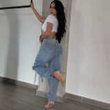 Women’s Fall Winter Washed Denim High Waist Pants with Rhinestone Fringe Details