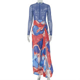 Women Color Block Sexy See-Through Round Neck Long Sleeve Holidays Dress