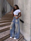 Women Color Button Ripped Wide Leg Denim Pant