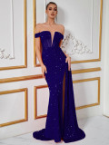 Women’s Sequin Velvet Patchwork Off Shoulder High Side Slit Evening Dress