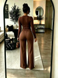 Women Autumn/Winter Solid Long-sleeve Top + Patchwork Wide-leg Pants Two-piece Set