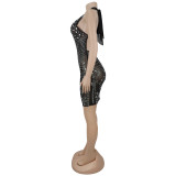Women V Neck Plunging Halter Neck Strap Bodycon Beaded Backless Mini Dress