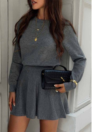 Women Autumn Winter Knitting Round Neck Top and Skirt Two Piece Set