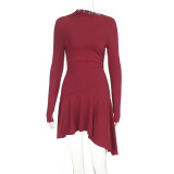 Women Burgundy Long Sleeve High Neck Irregular Ruffle Hem Dress