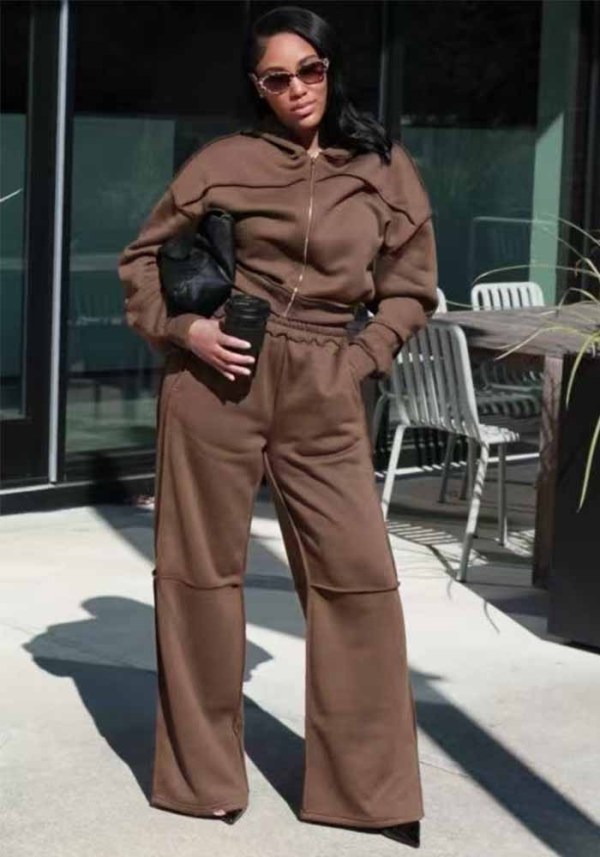 Women’s Plus Size Casual Zip Up Cropped Hoodie and Wide Leg Pants Set