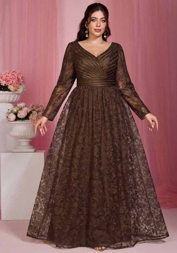 Women Lace V-Neck Pleated Long Sleeve Mesh Evening Dress