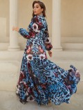 Women’s Spring Summer Leopard Print Long Sleeve Chiffon Deep V Neck and Waist Cutout Maxi Dress