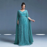 Plus Size Women V-Neck Cape Sleeve Beaded Mesh Formal Party Evening Dress