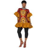 Women’s Holiday Plus Size Printed Bell Sleeves Pleated Mini Dress