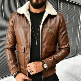 Men Fleece Lined Winter Turndown Collar Pu-Leather Jacket