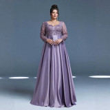 Plus Size Women Formal Party Square Neck Long Sleeve Mesh Patchwork Wedding Evening Dress